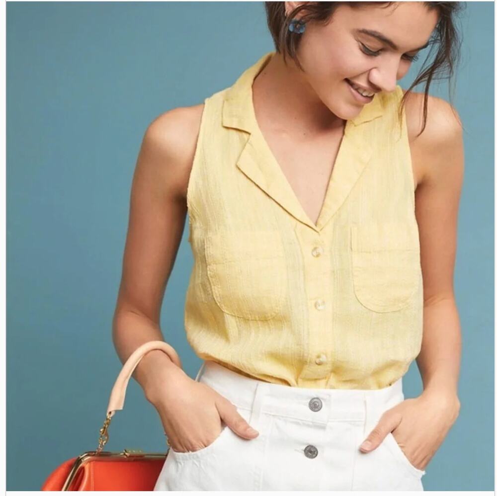 Maeve Felicity Sleeveless Collared Top Button Up Yellow Linen/Cot blend size 12
